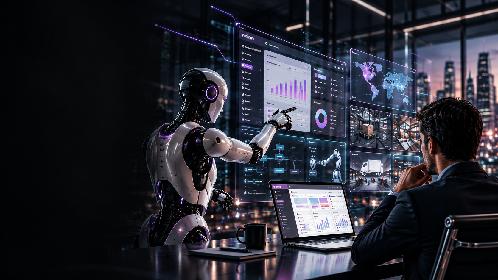 Robot junto a interfaces tecnológicas